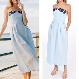 FANM MON Lorr Strapless Floral Embroidered Light Lagoon Blue Midi Dress Size XL